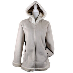 BGSD Est. 1990 Cream Faux Suede Hooded Long Sleeve Zip Up Mid Length Winter Coat